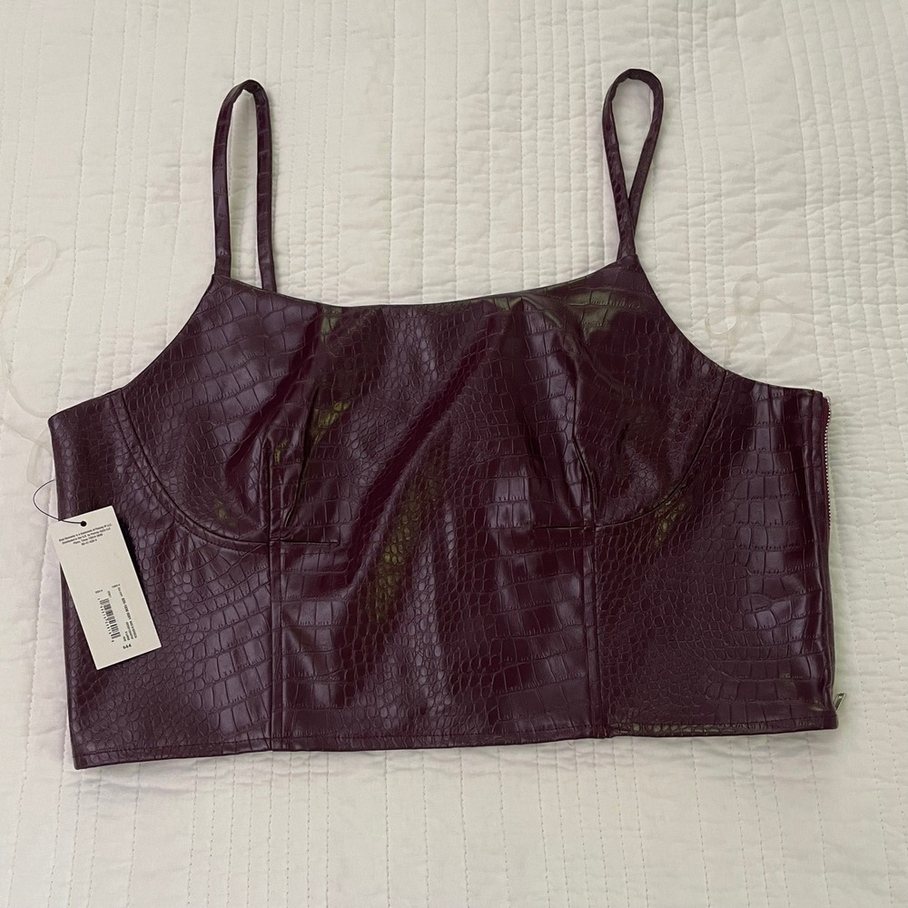 Bold Elements Womens Faux Leather Croc Embossed Crop Top Wine Purple XL NWT
